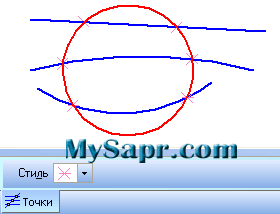 простановка точек пересечений окружности с 3 незамкнутыми кривыми в программе Компас